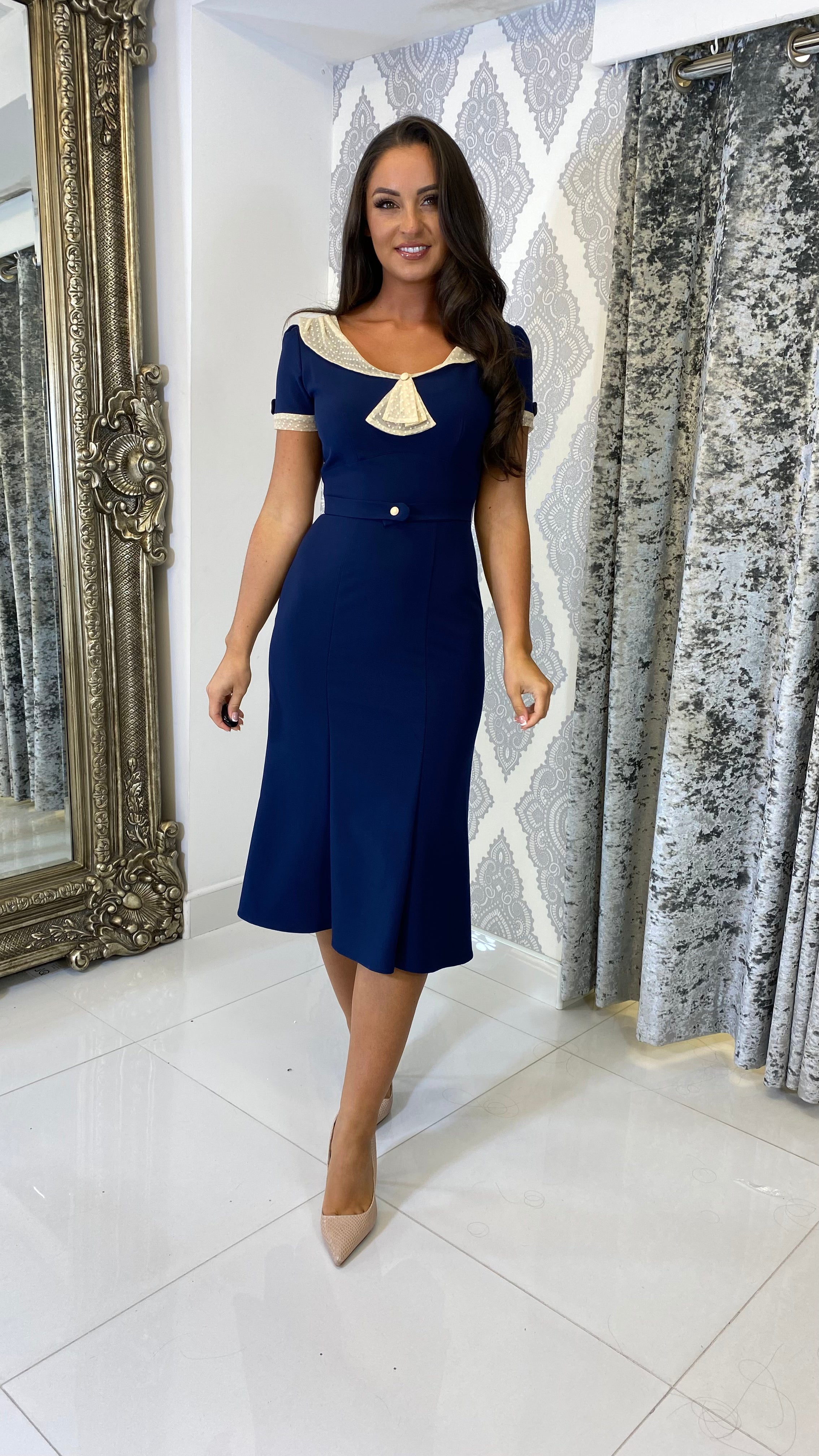 Navy midi fishtail outlet dress