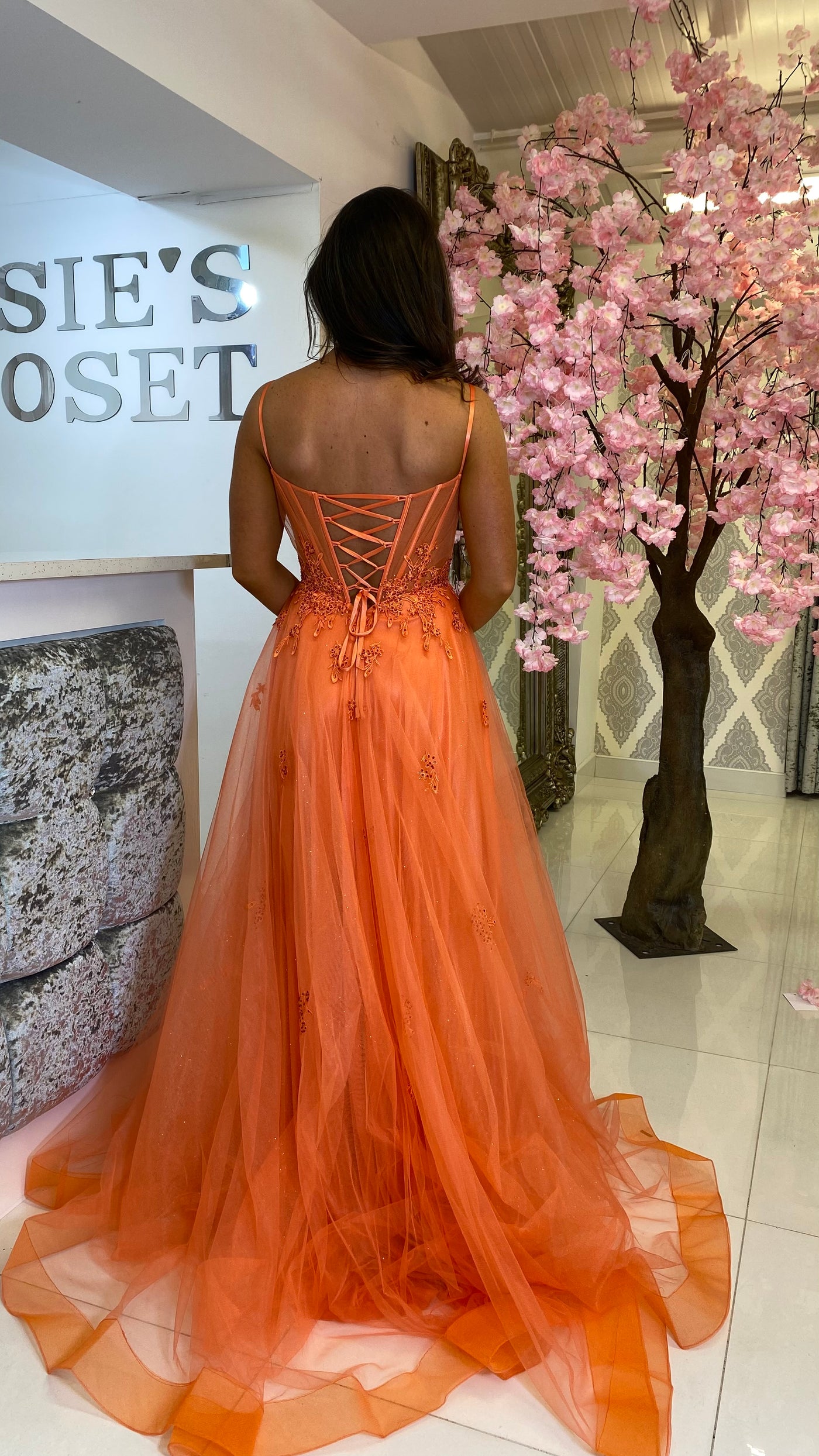 Orange Corset Lace Sparkle Ball Gown