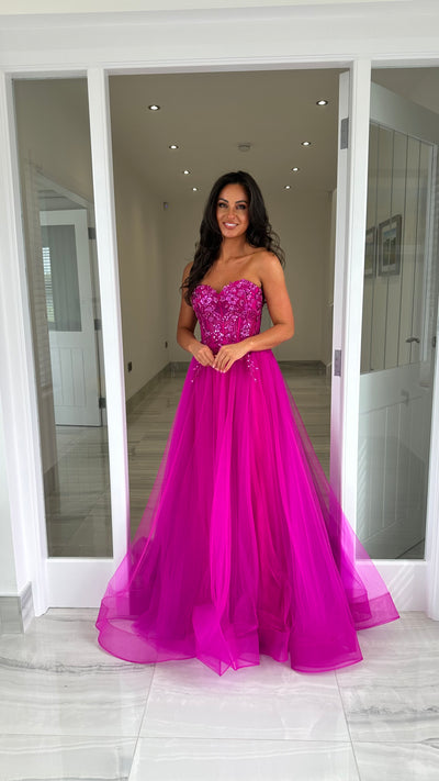 Magenta Mesh Corset Strapless Ball Gown