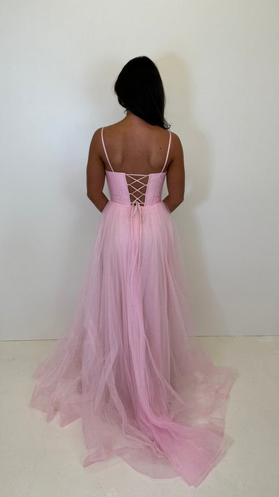 Baby Pink Glitter Corset Back Ball Gown Prom Dress