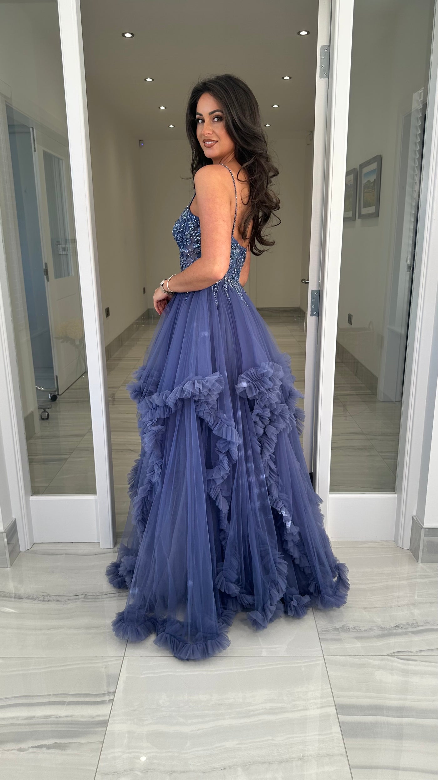 Slate Blue Tiered Skirt Ball Gown