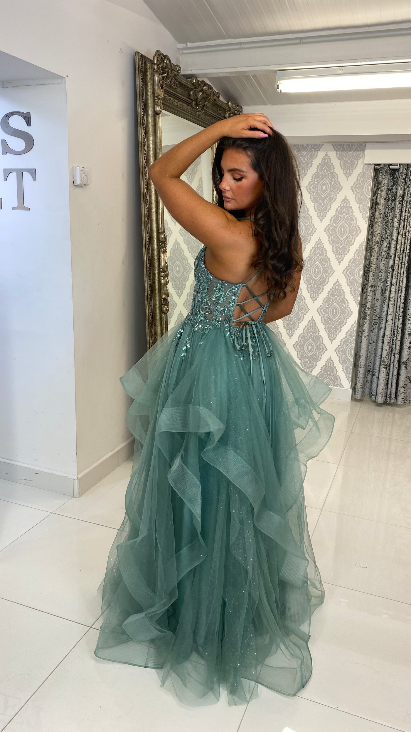 Sage Green Tiered Skirt Corset Ball Gown