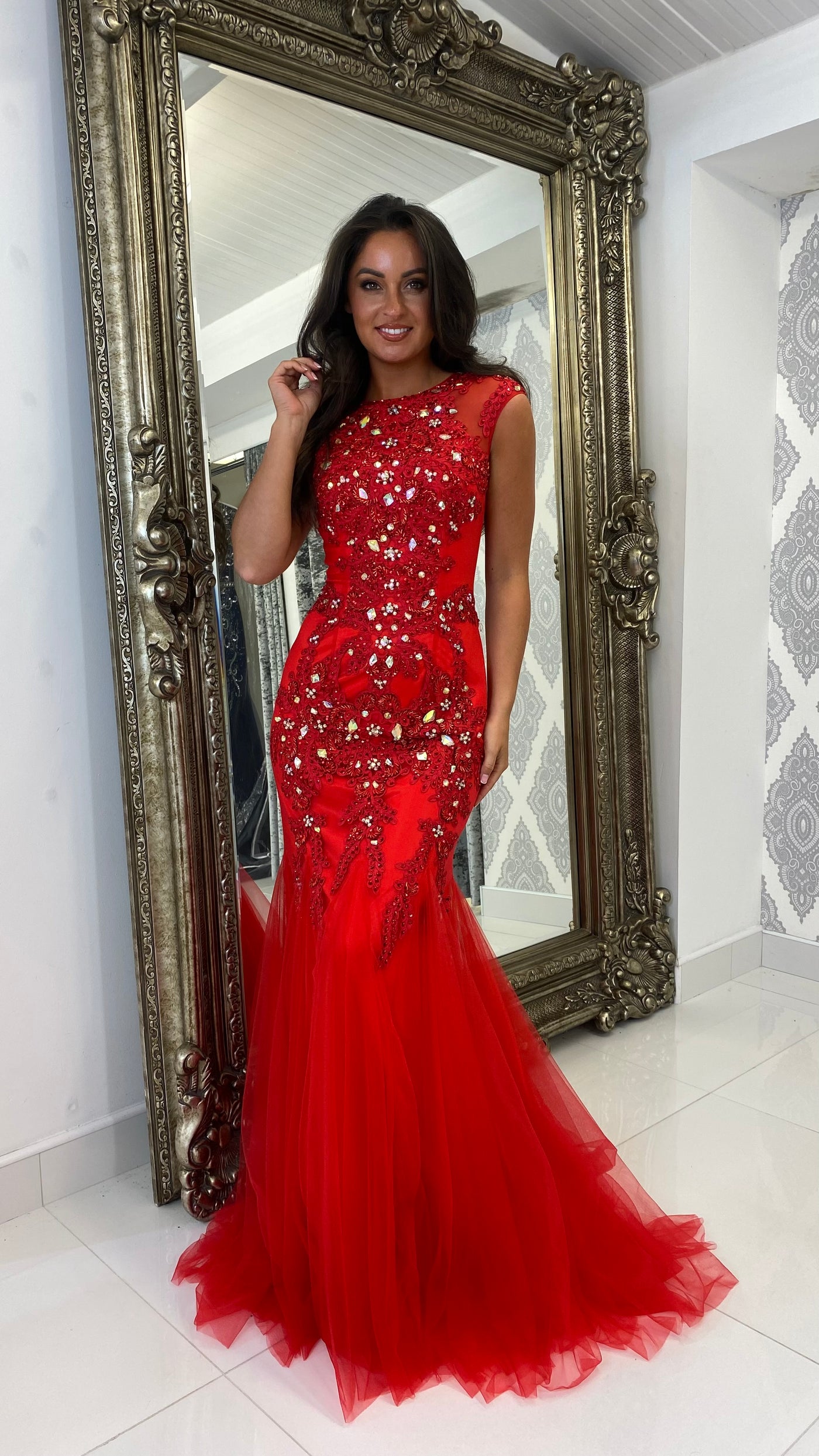 Red Jewelled Cap Sleeve Fishtail Gown