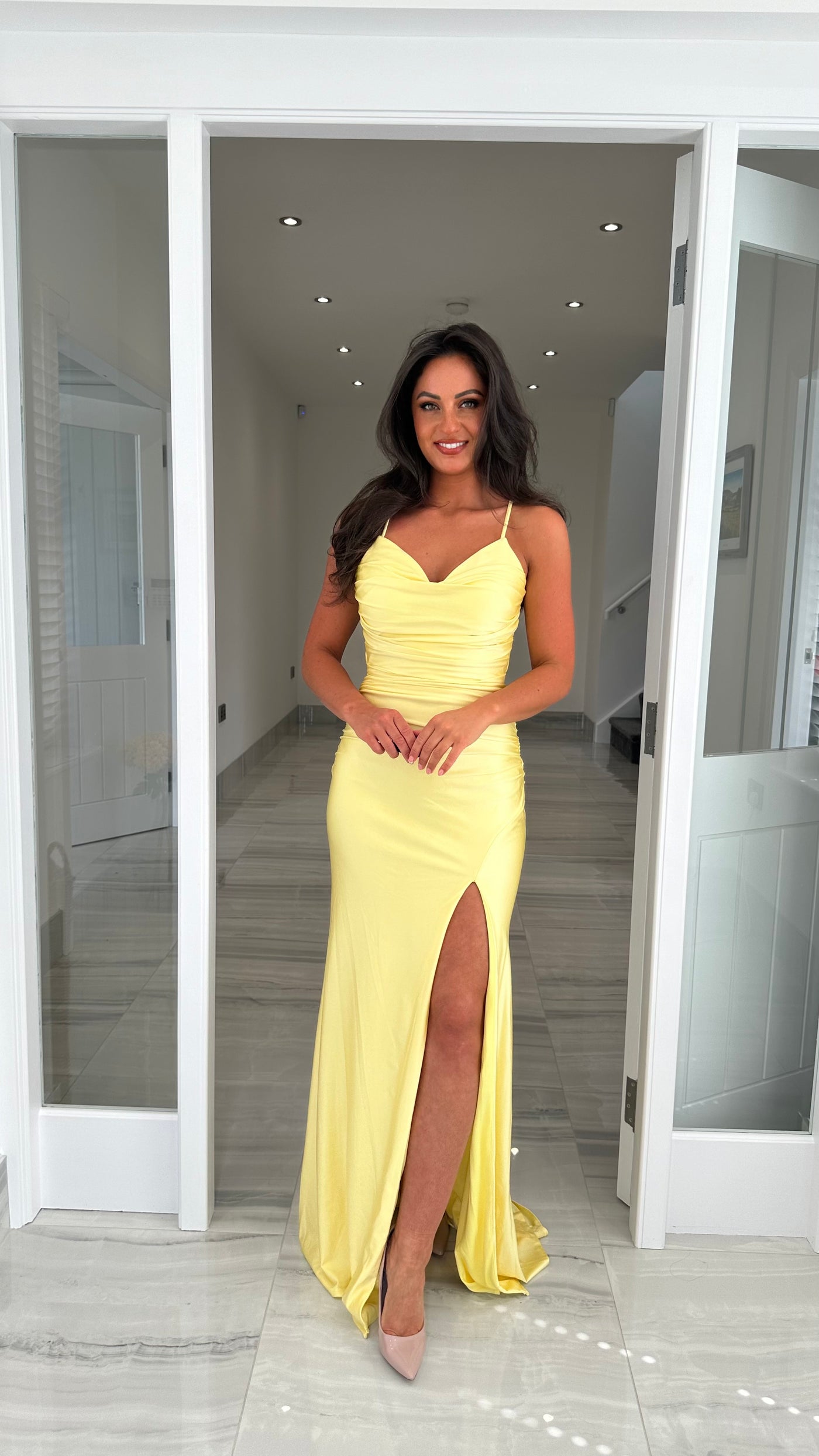 Lemon Ruched Strappy Open Back Evening Gown