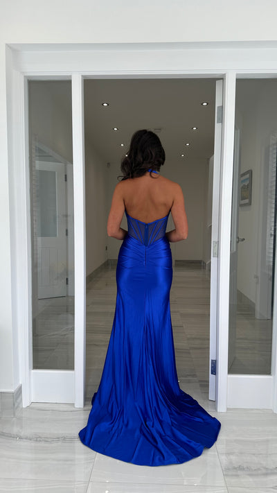 Royal Blue Mesh Corset Satin Halterneck Prom Dress