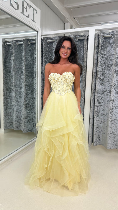 Lemon Flower Embroidery Corset Tiered Skirt Ball Gown