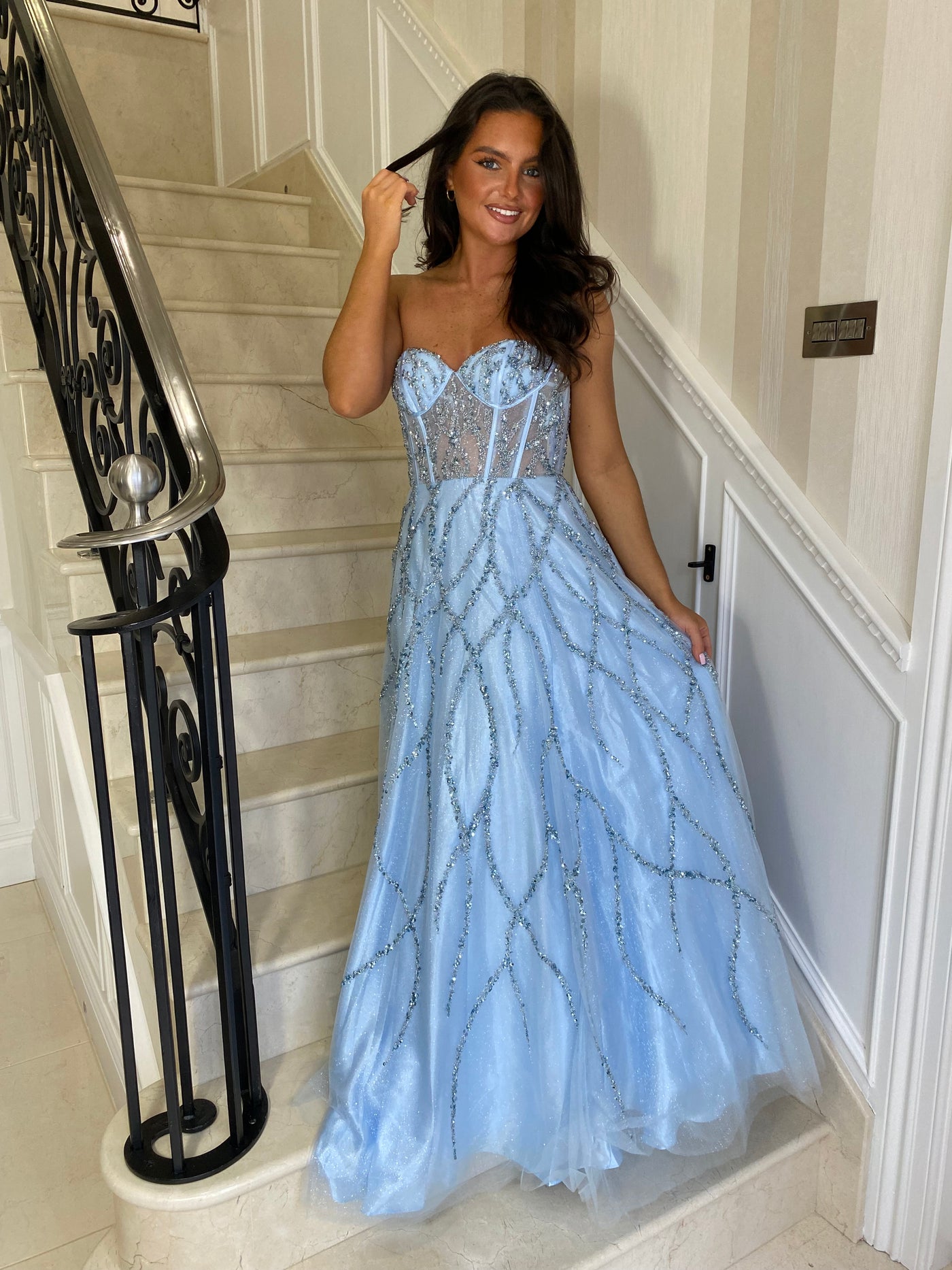 Baby Blue Beaded Corset Strapless A-line Gown