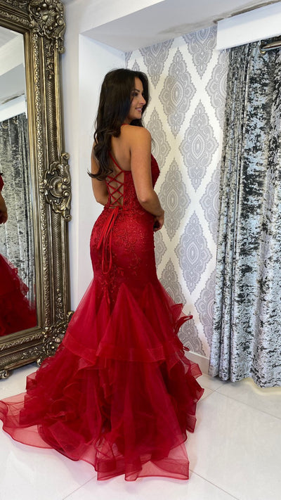 Red Corset Fishtail Full Length Gown