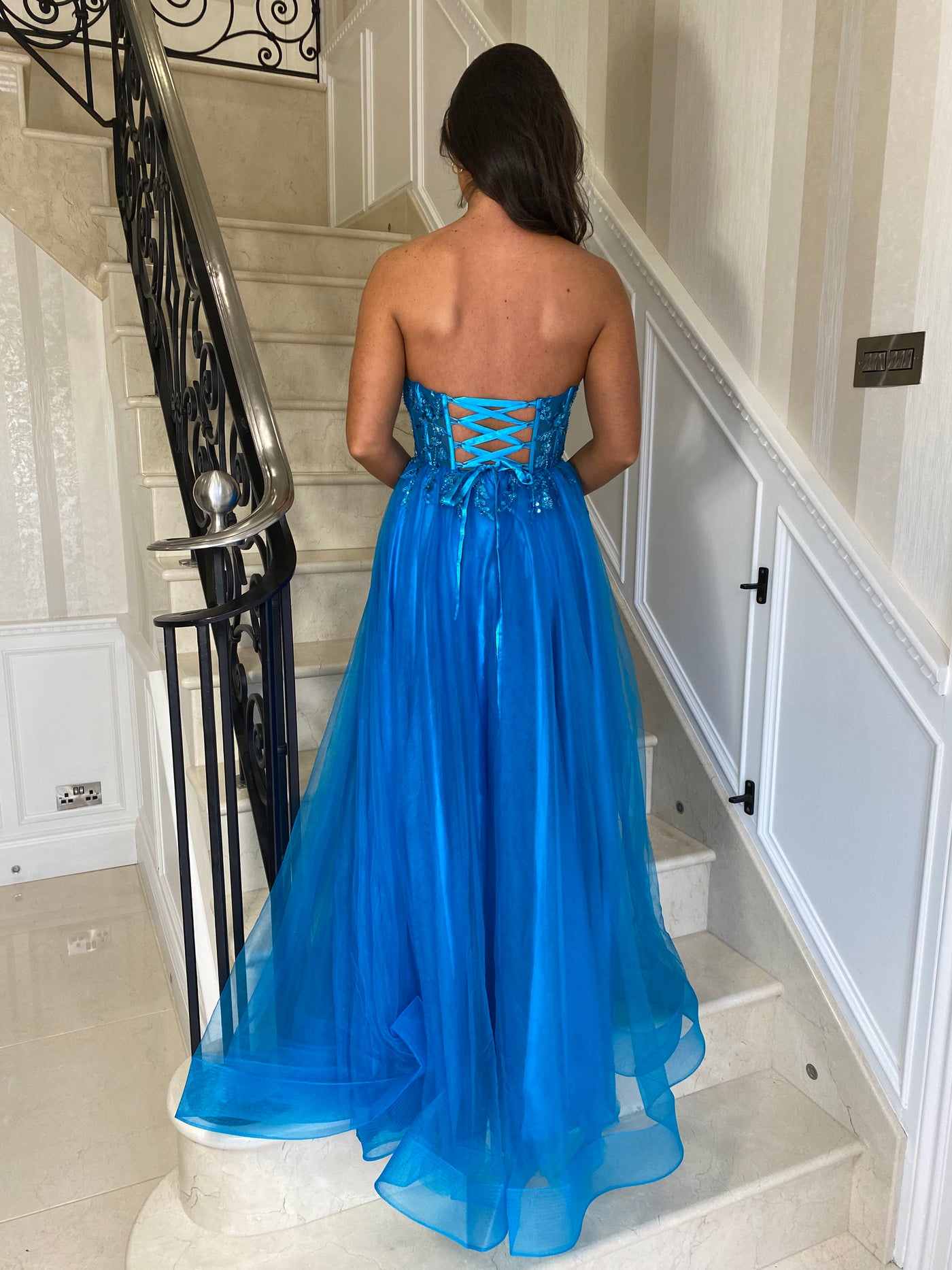 Aqua Mesh Corset Strapless Ball Gown