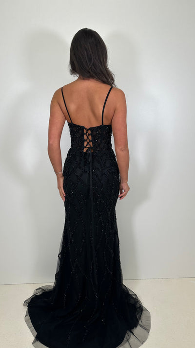 Black Beaded Corset Style Tie Back Prom Gown