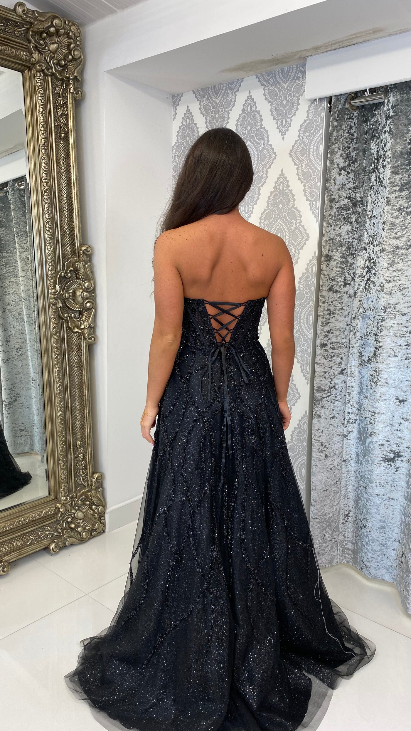 Black Beaded Corset Strapless A-line Gown