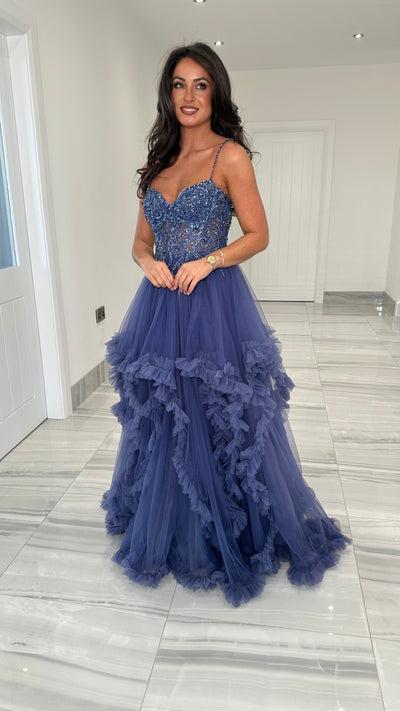 Slate Blue Tiered Skirt Ball Gown