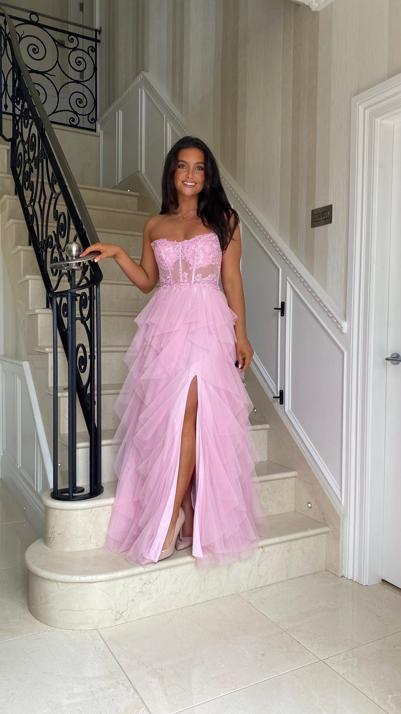 Bubblegum Pink Tiered Ruffle Skirt Corset Strapless Prom Gown