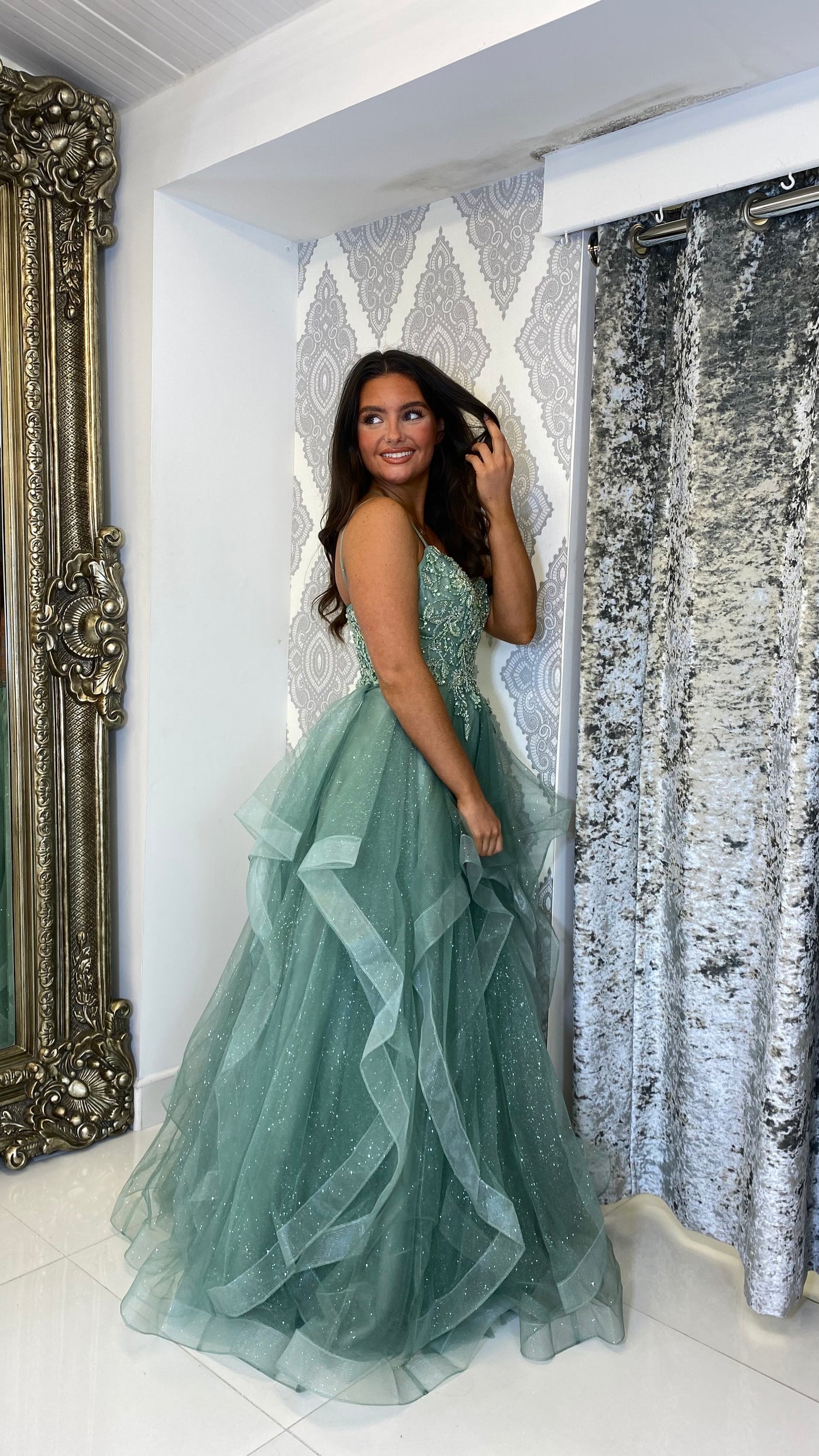 Sage Green Tiered Skirt Corset Ball Gown