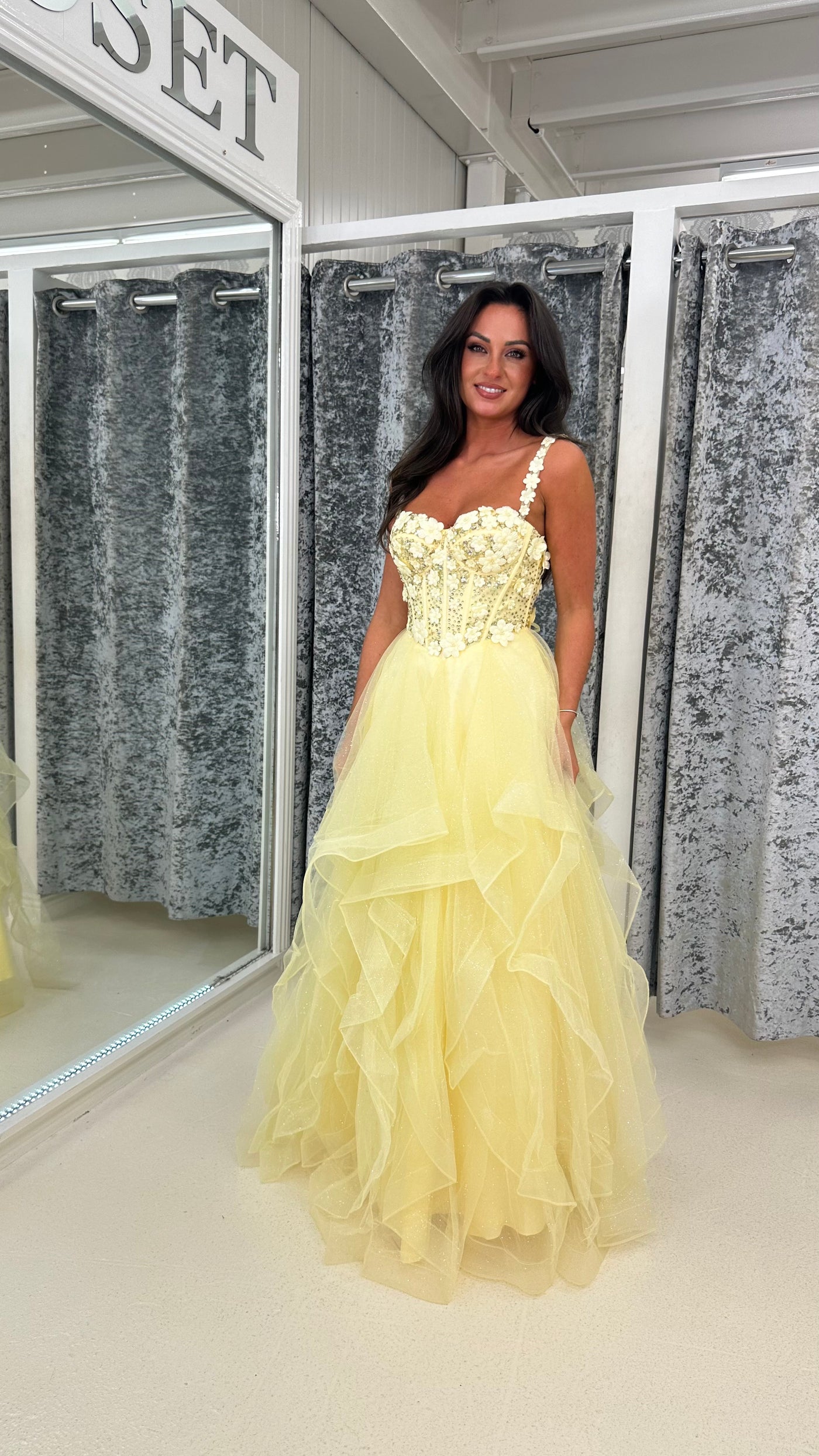 Lemon Flower Embroidery Corset Tiered Skirt Ball Gown