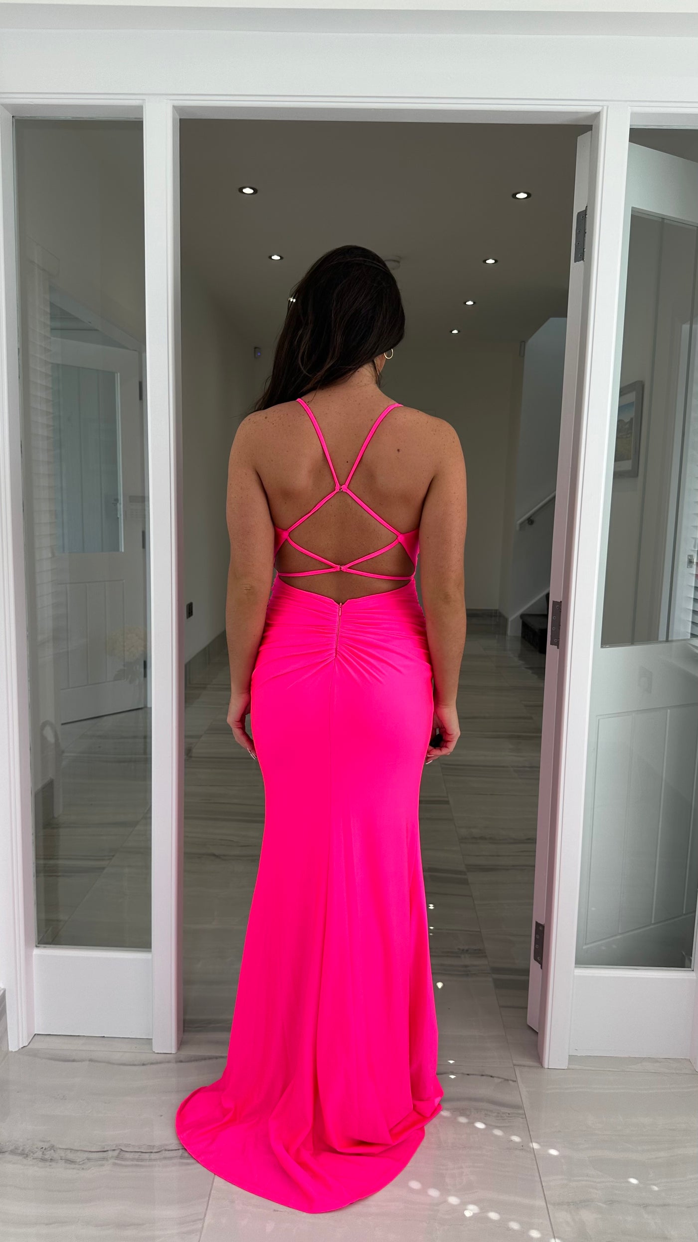 Bright Pink Ruched Strappy Open Back Evening Gown Rosies Closet