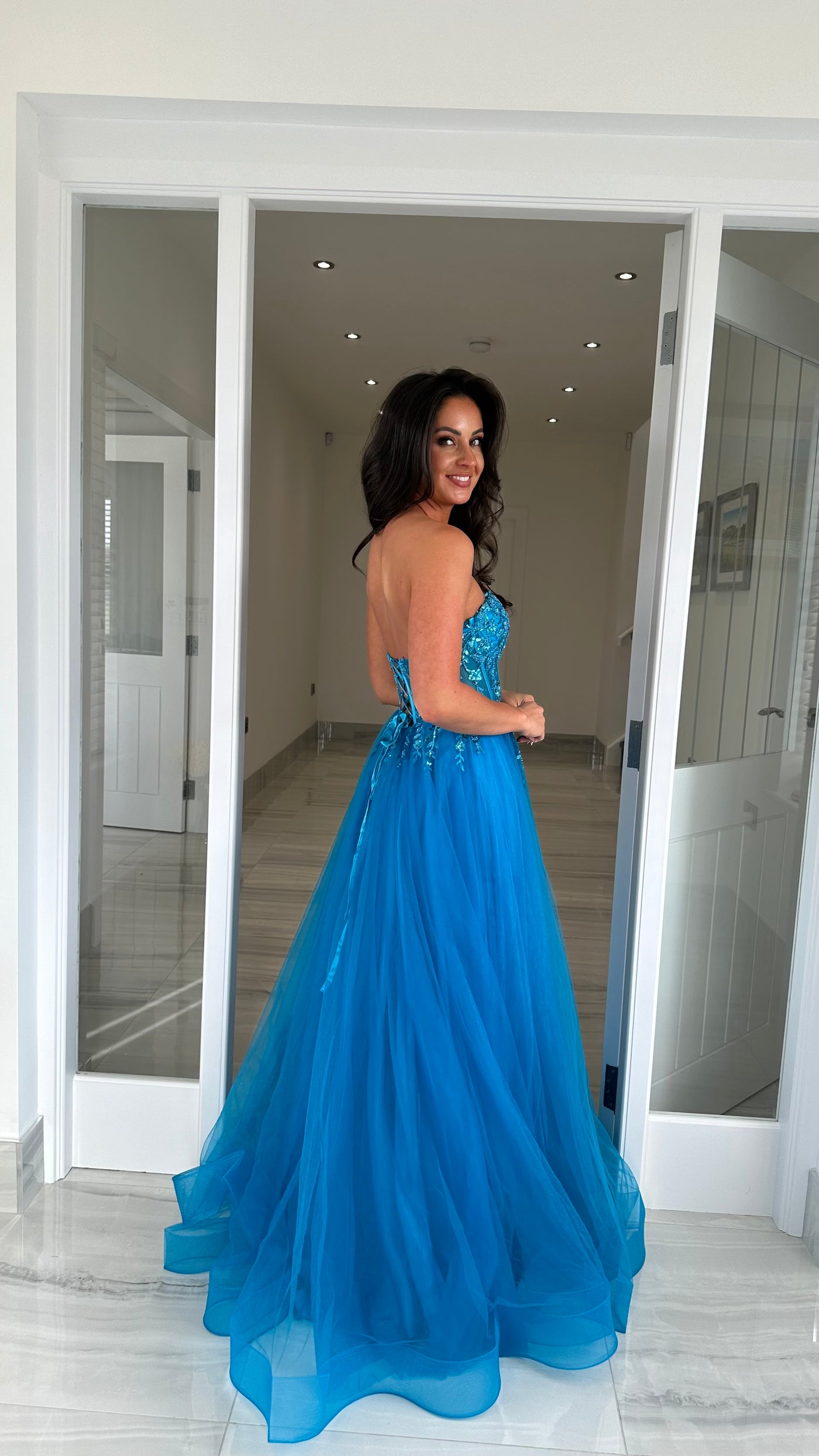 Aqua Mesh Corset Strapless Ball Gown