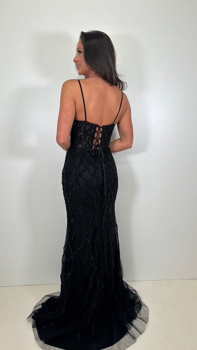 Black Beaded Corset Style Tie Back Prom Gown