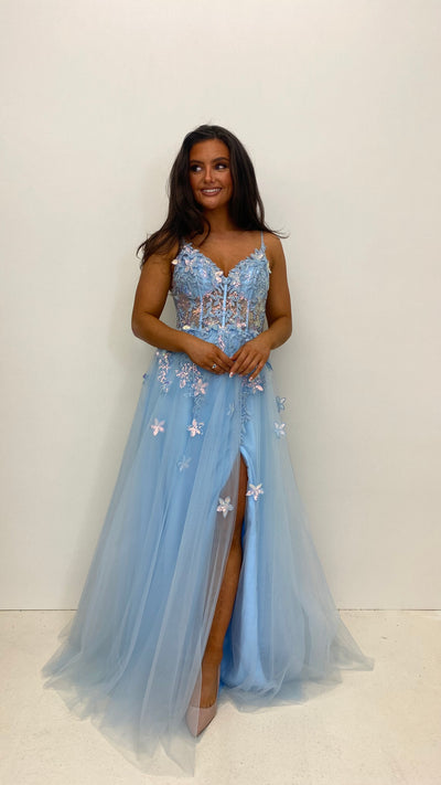 Baby Blue Flower Design Corset Back Ball Gown