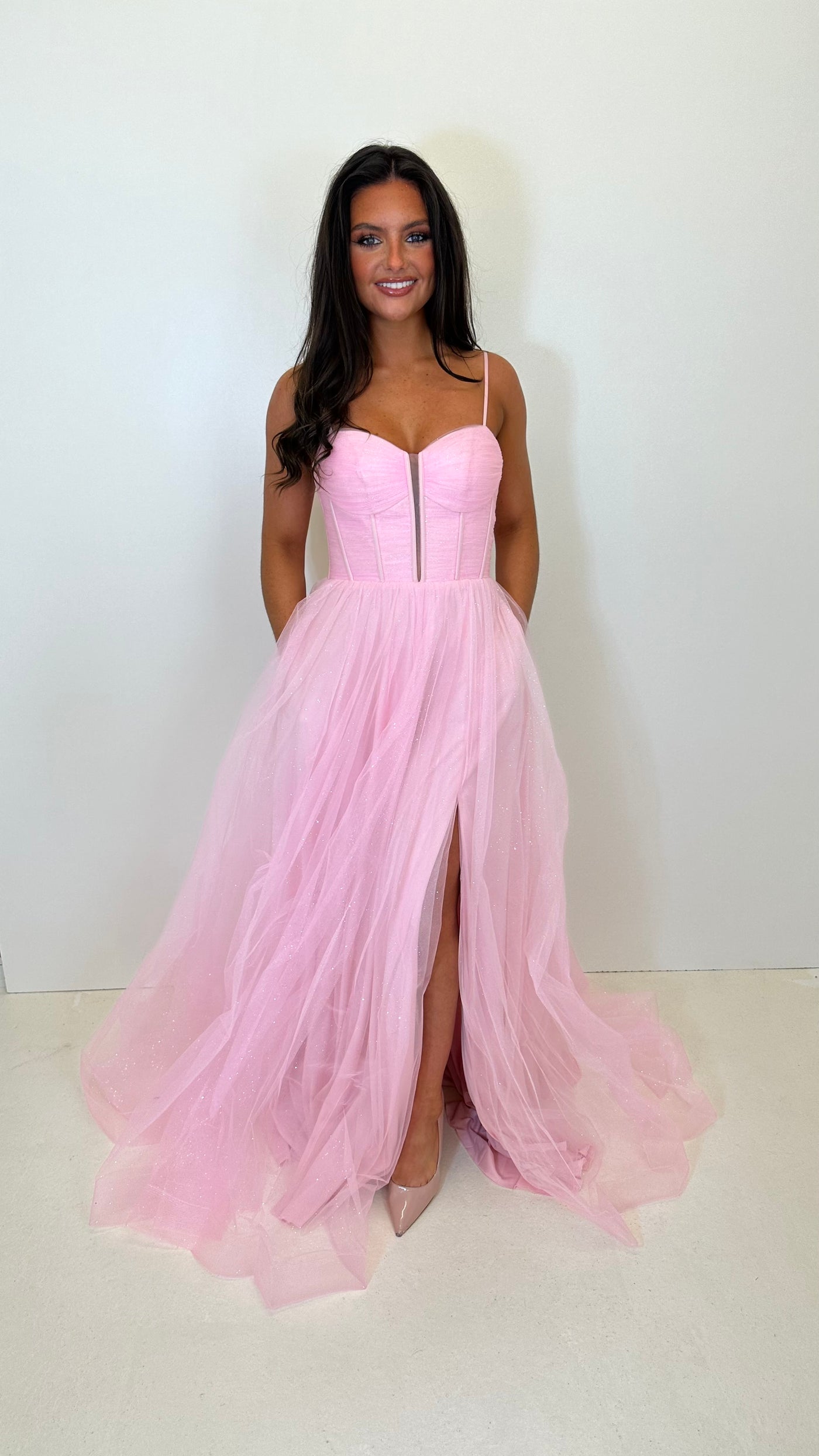 Baby Pink Glitter Corset Back Ball Gown Prom Dress