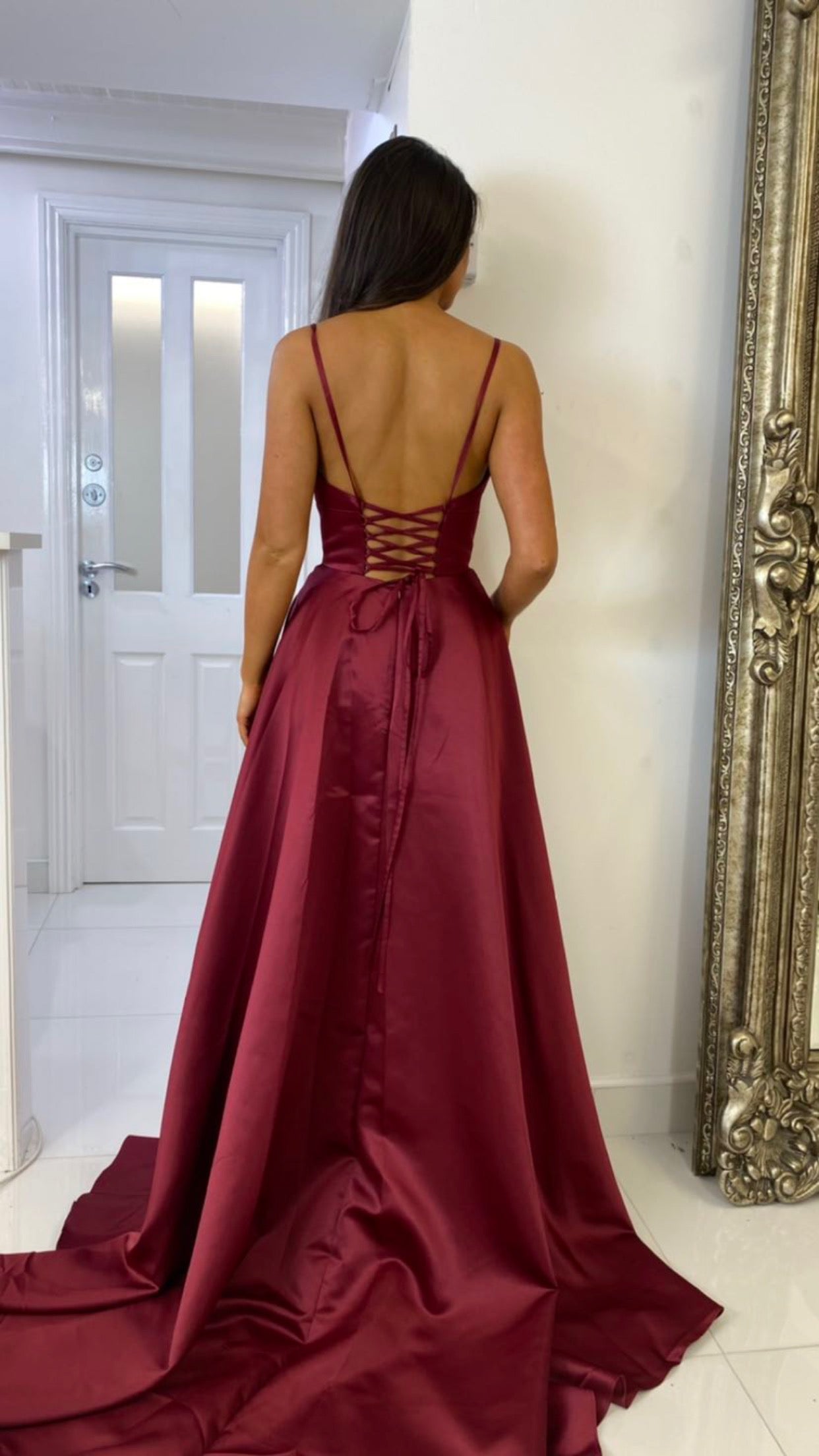 Burgundy Satin Low Cut Corset Ball Gown Prom Dress