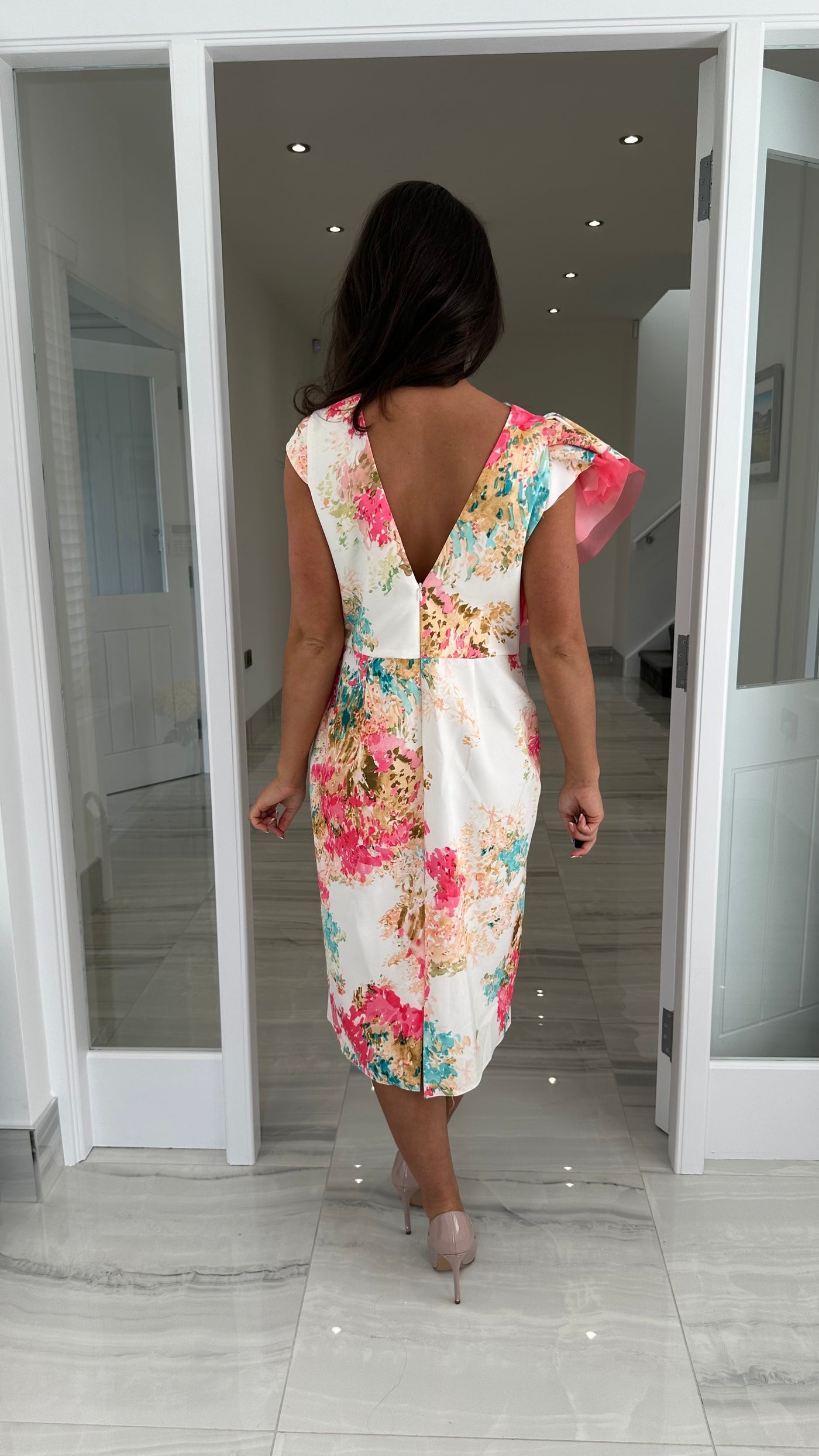 Ivory Floral Print Frill Effect Midi Dress