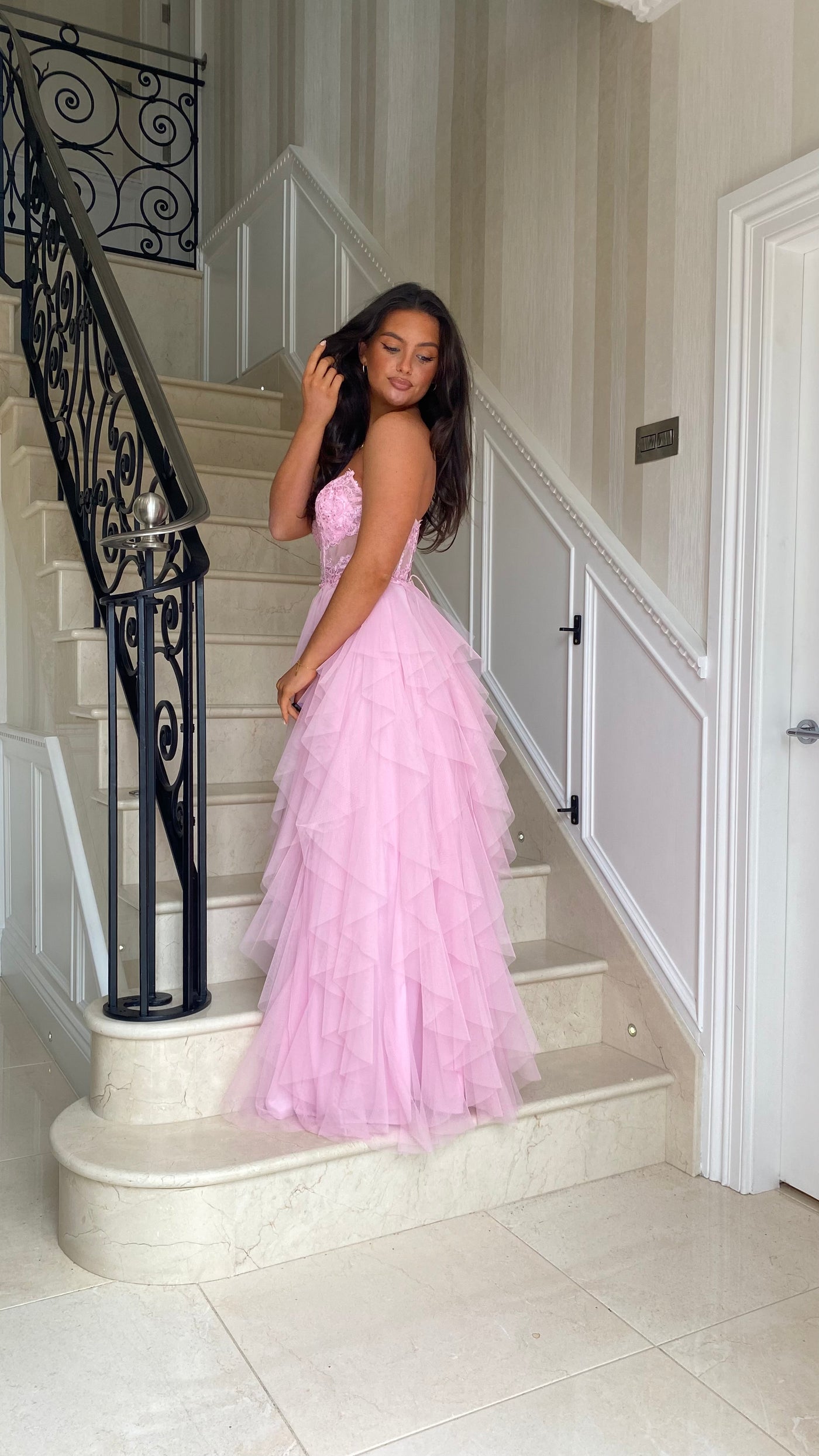 Bubblegum Pink Tiered Ruffle Skirt Corset Strapless Prom Gown