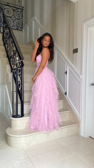 Bubblegum Pink Tiered Ruffle Skirt Corset Strapless Prom Gown