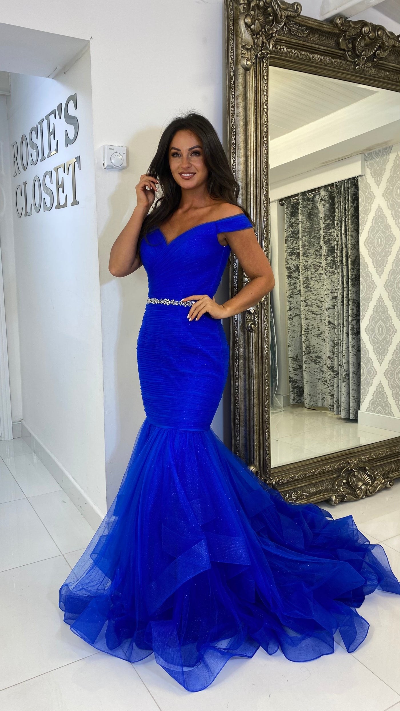 Royal Blue Bardot Fishtail Full Length Gown