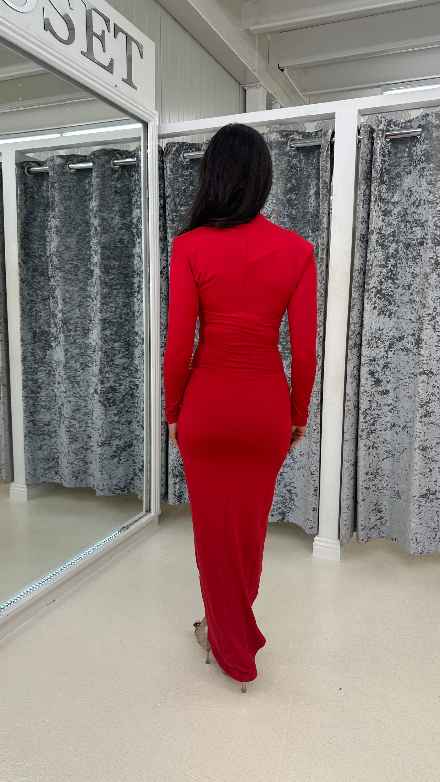 Red Long Sleeve Midi Wrap Dress