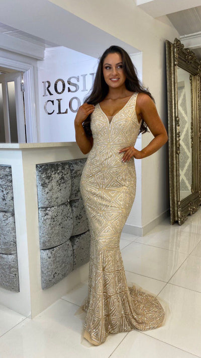 Nude/Champagne Sequin V-Neck Low Back Full Length Gown