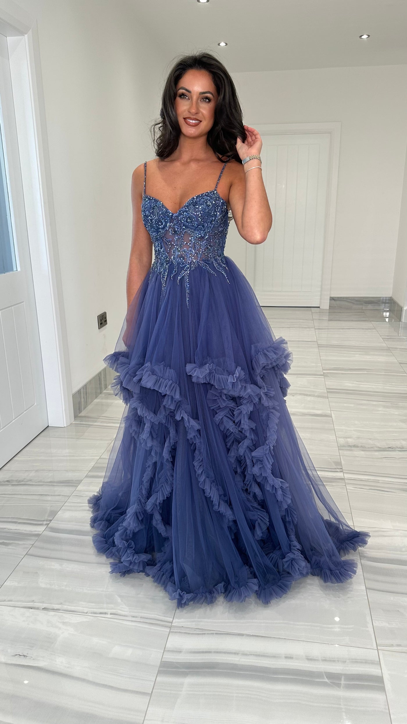 Slate Blue Tiered Skirt Ball Gown