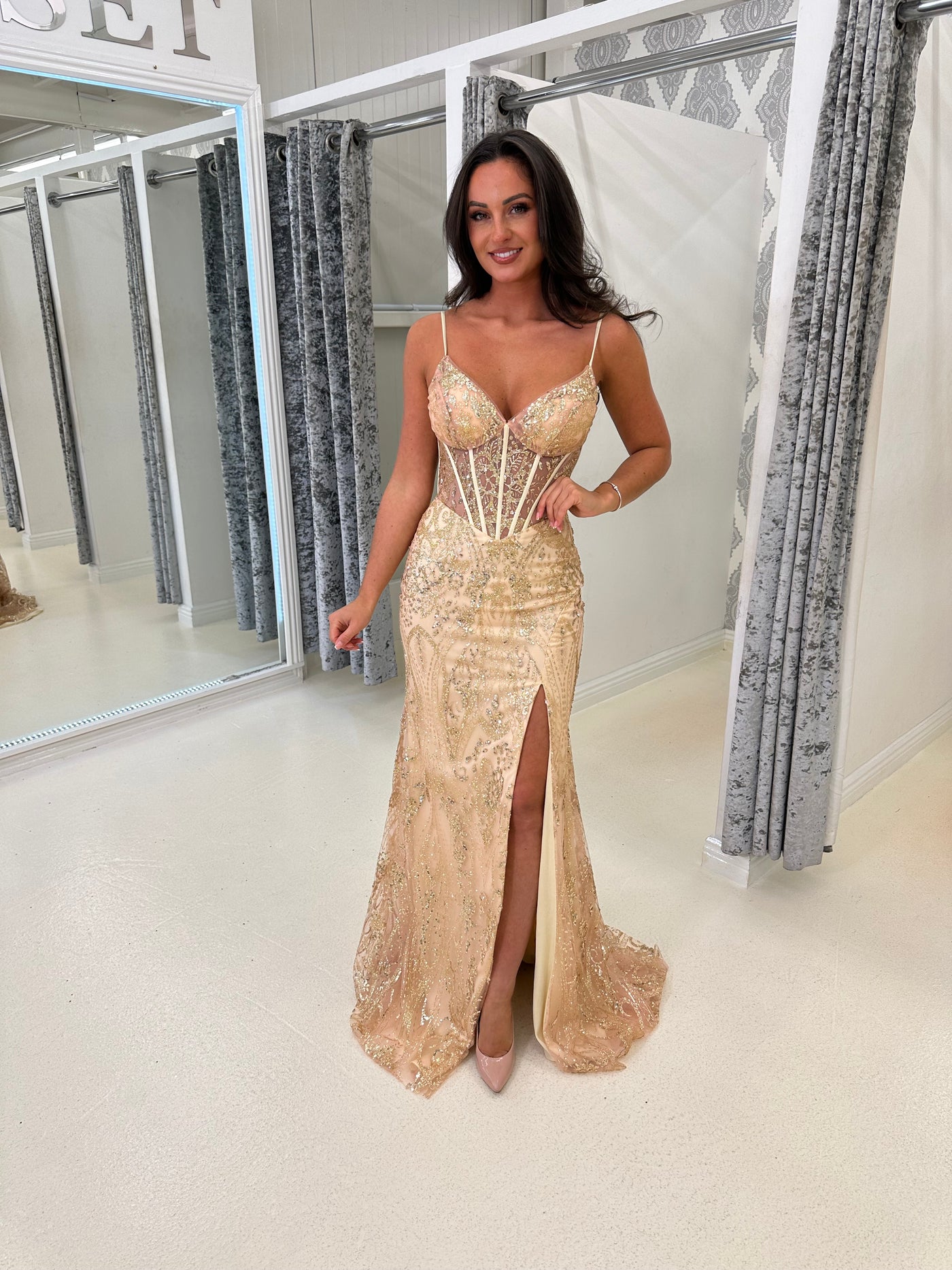 Rose Gold Glitter Backless Corset Full Length Gown