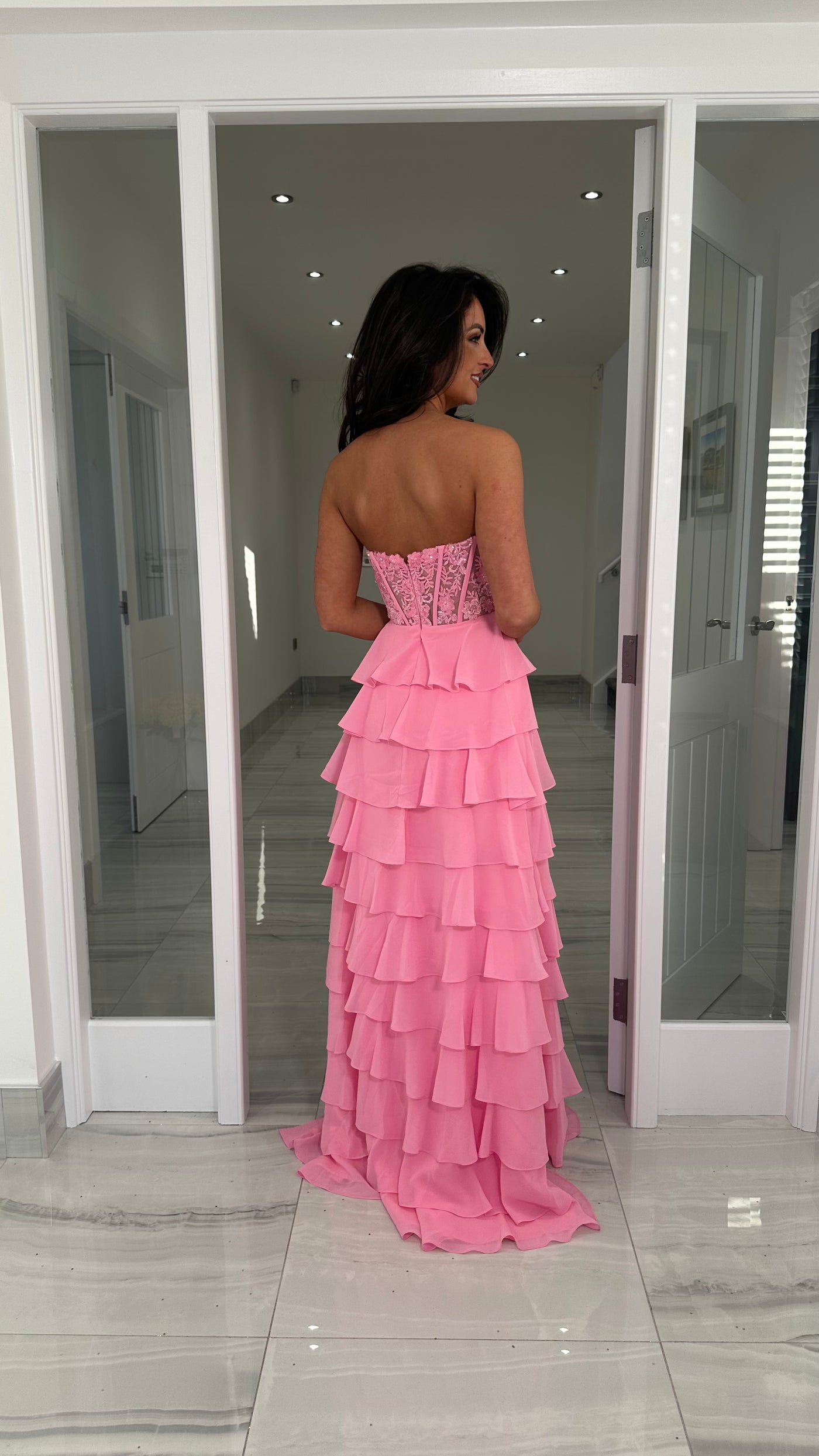 Pink Strapless Sweetheart Ruffle Skirt Gown