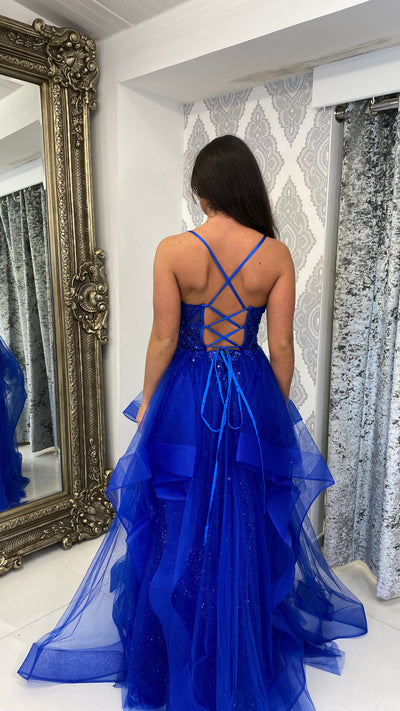 Royal Blue Tiered Skirt Corset Ball Gown