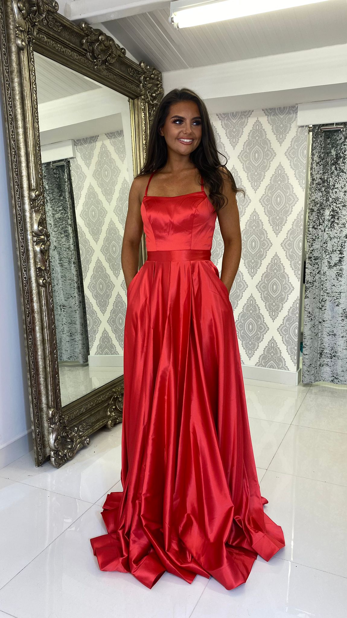 Red Satin Straight Neck Corset Ball Gown