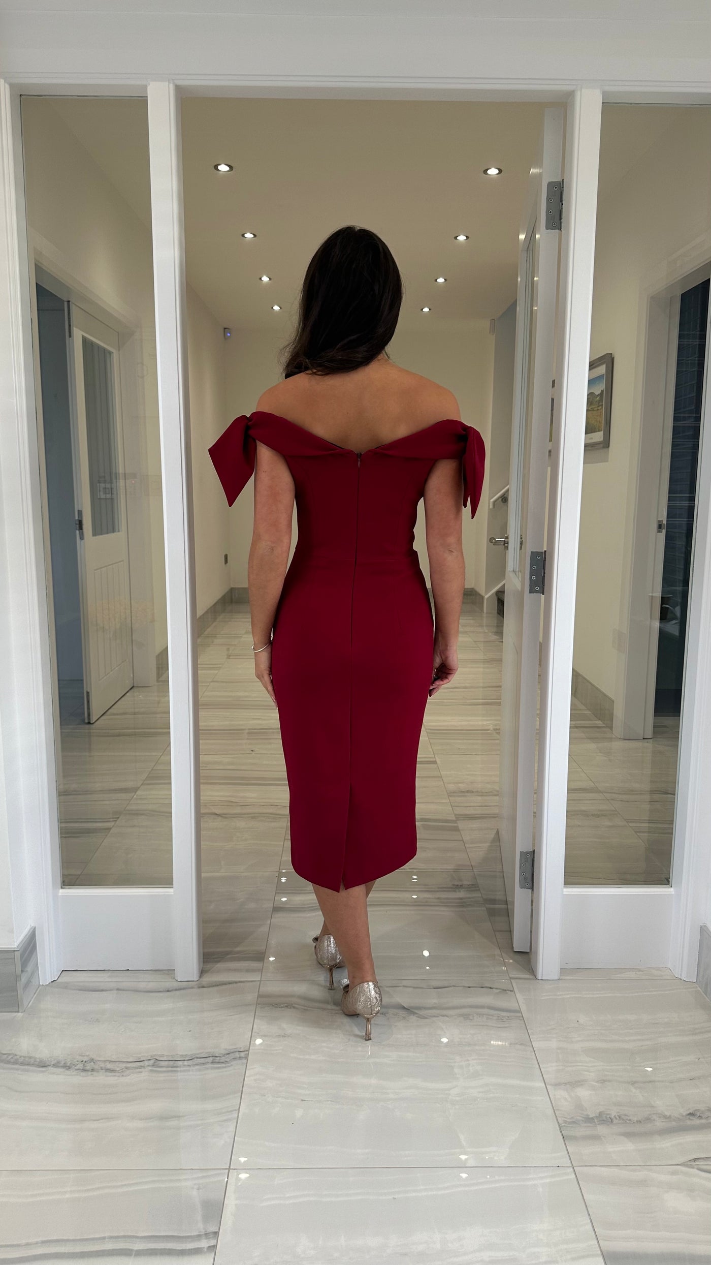 Burgundy Bardot Bow Shoulder Midi Dress