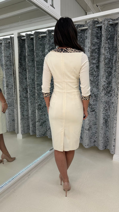 Cream Midi Dress Leopard Collar & Cuffs