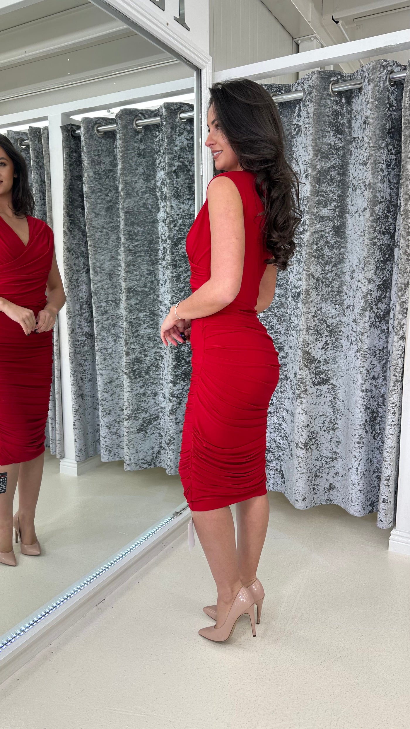 Red Ruched Jersey Midi Dress