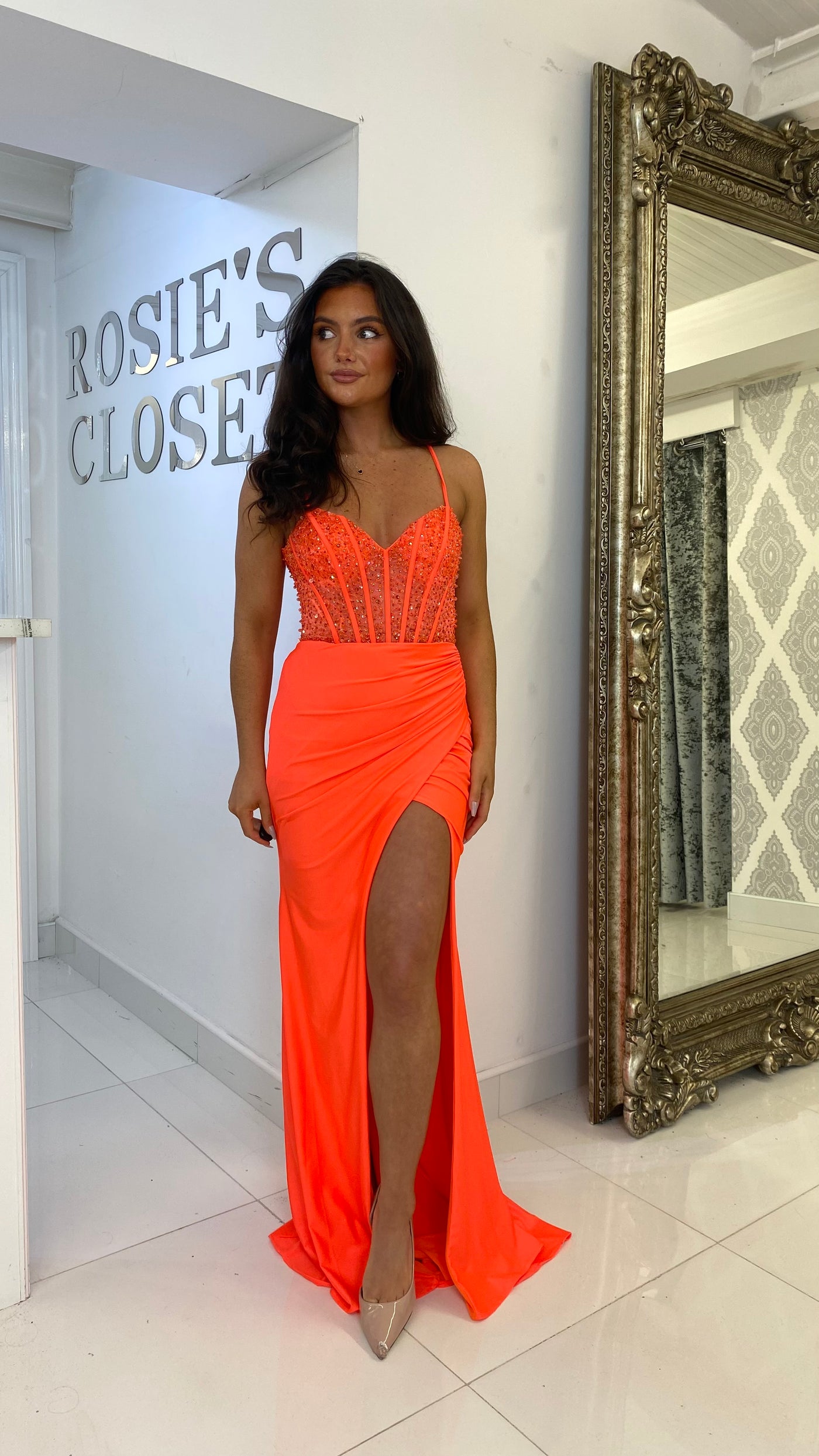 Bright Orange Corset Style Prom Gown