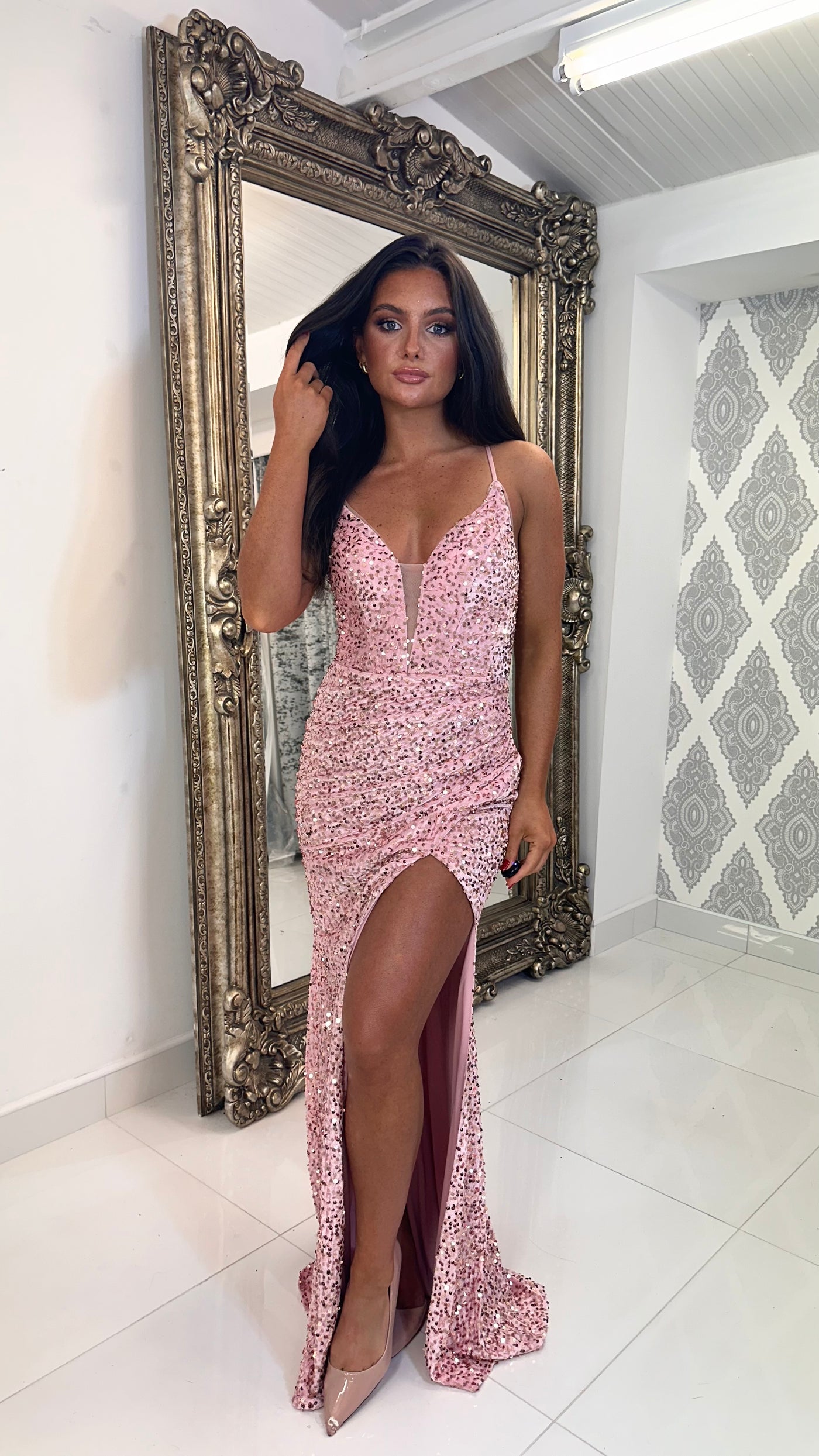 Blush Pink Velvet Sequin V-Neck Corset Prom Dress