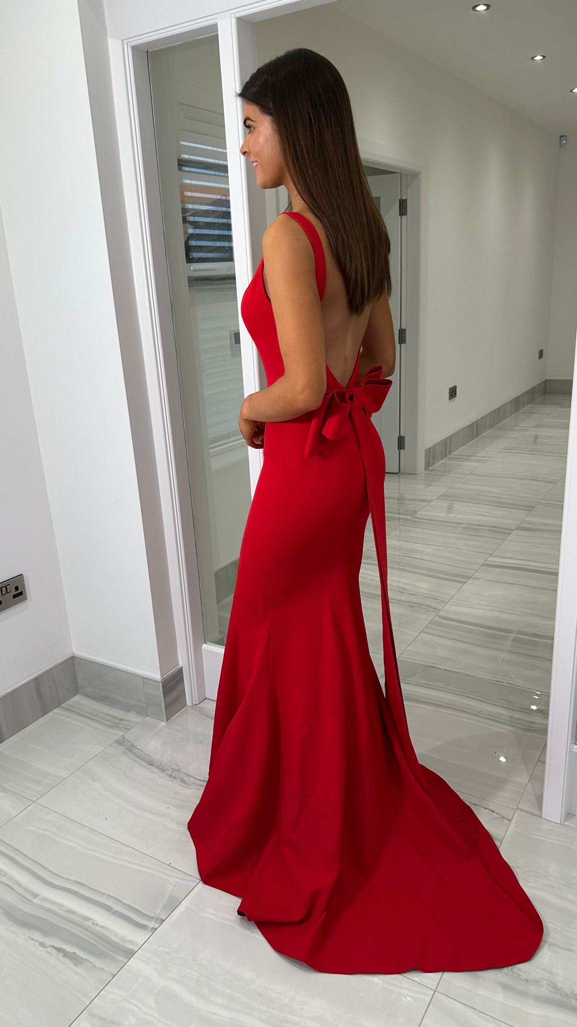 Red V-Neck Backless Bow Back Prom Dress