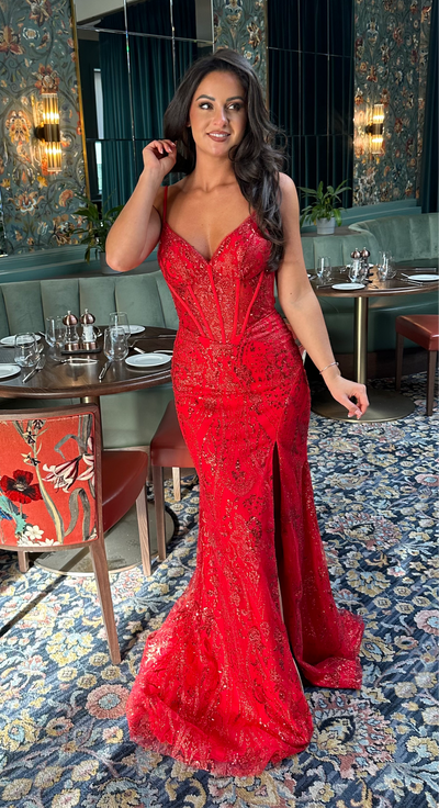 Red Glitter Backless Corset Full Length Gown