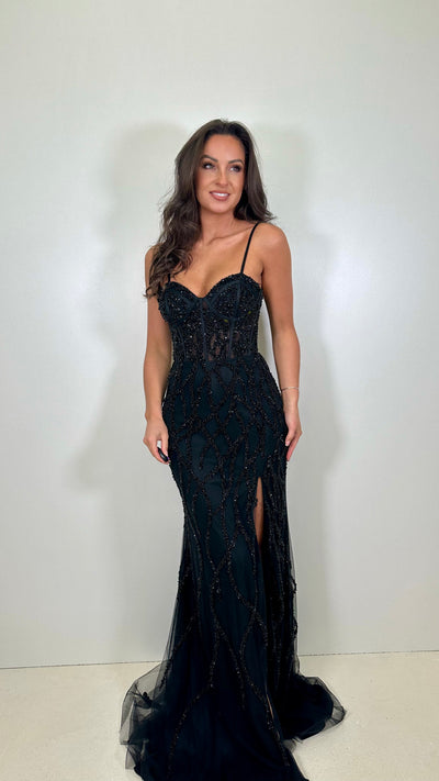 Black Beaded Corset Style Tie Back Prom Gown