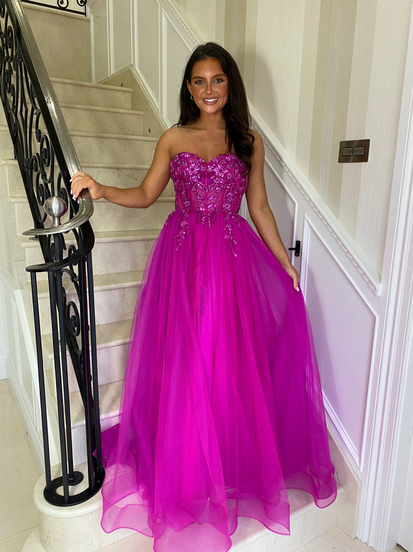 Magenta Mesh Corset Strapless Ball Gown