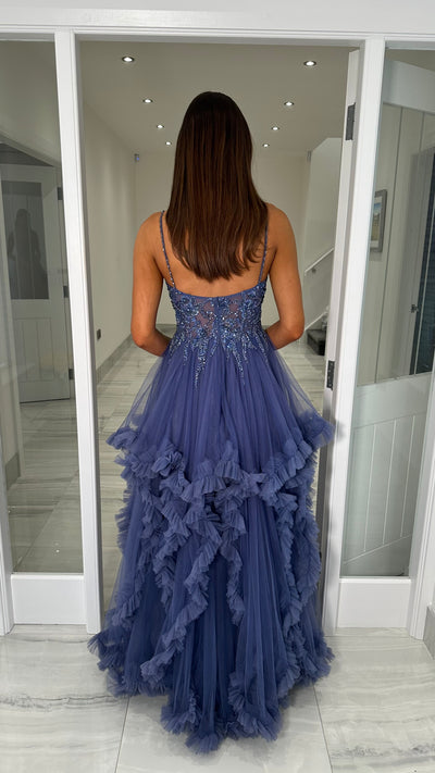 Slate Blue Tiered Skirt Ball Gown