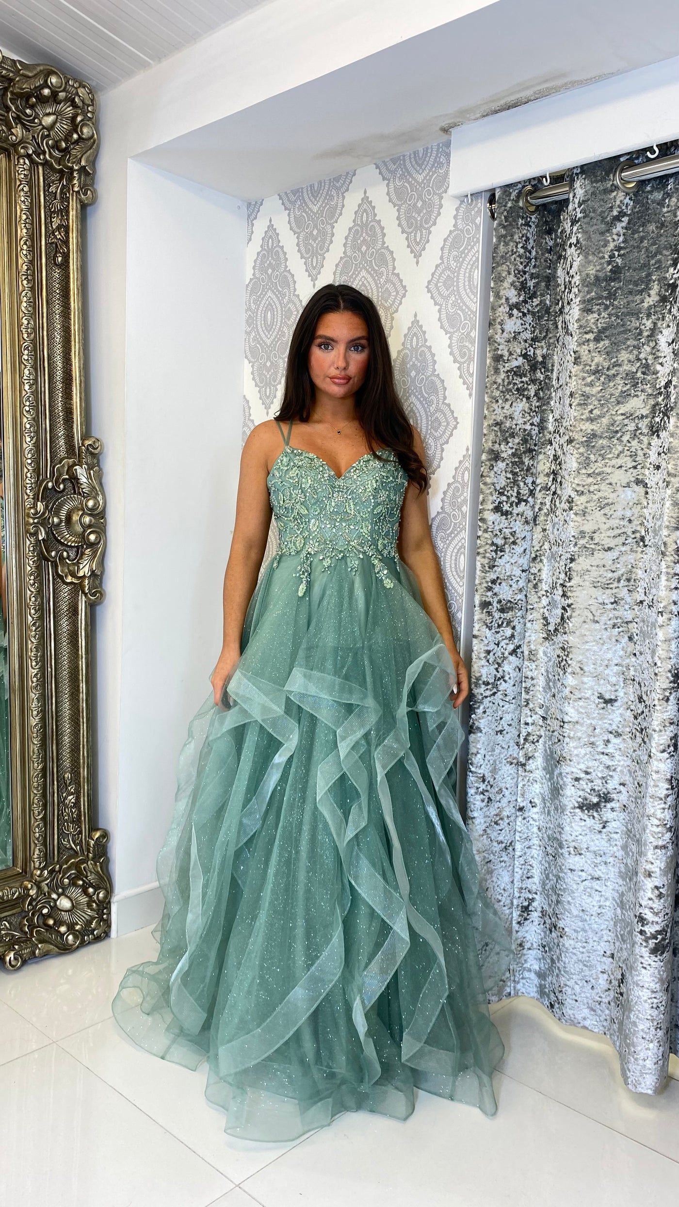 Sage Green Tiered Skirt Corset Ball Gown