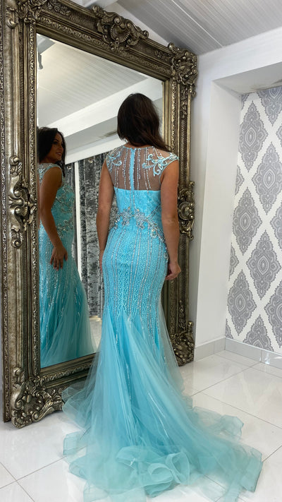 Turquoise Blue Silver Jewelled Fishtail Prom Dress