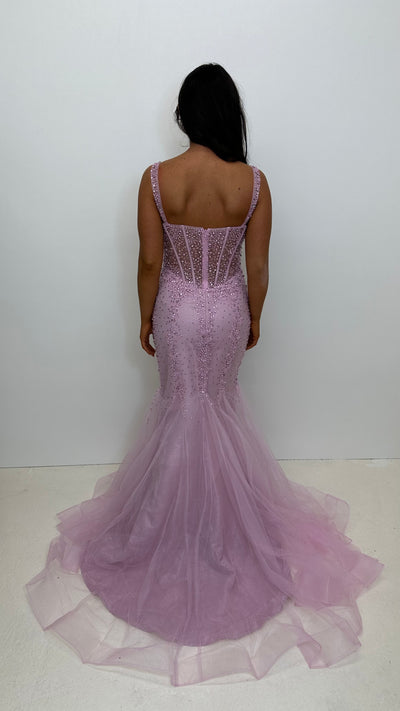 Pink Sequin Corset Style Fishtail Full Length Gown