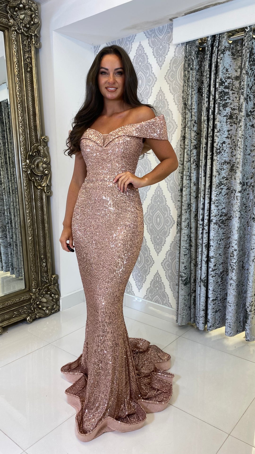 Rose Gold Sequin Bardot Full Length Gown Rosies Closet